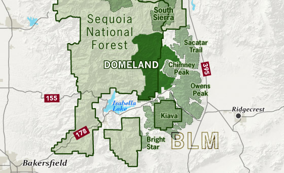 Map of the Domeland Wilderness, with respect to Sequoia National Forest and BLM land