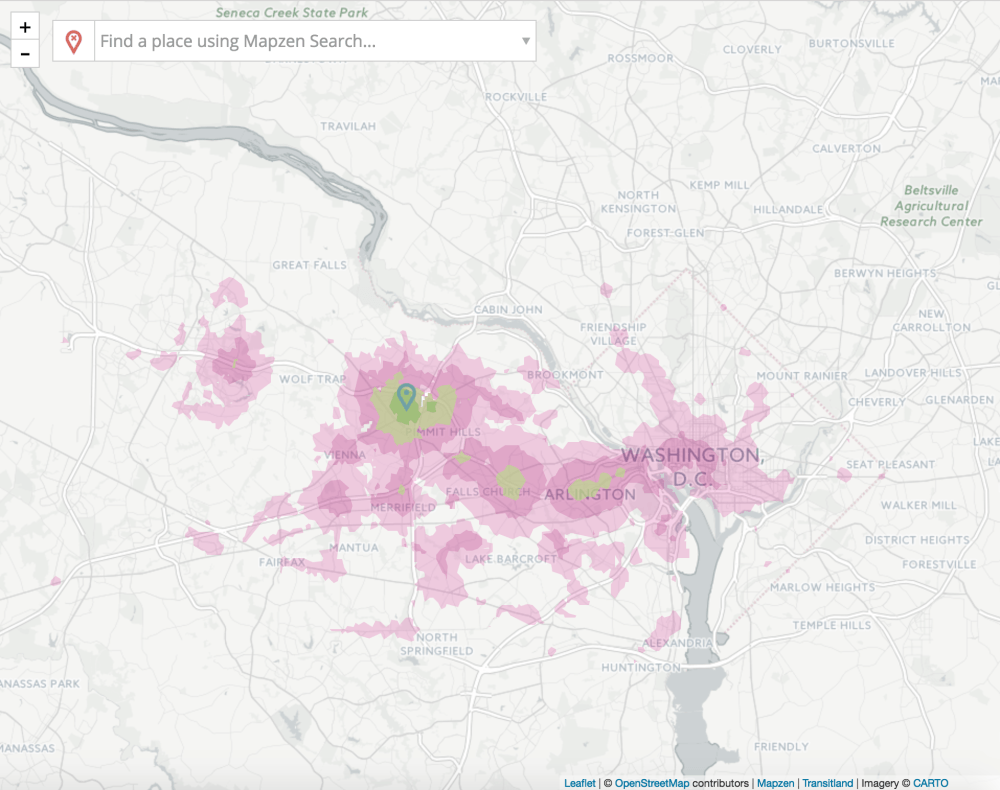 An isochrone map showing how far you can get from downtown DC by transit in a given amount of time, generated by Mobility Explorer