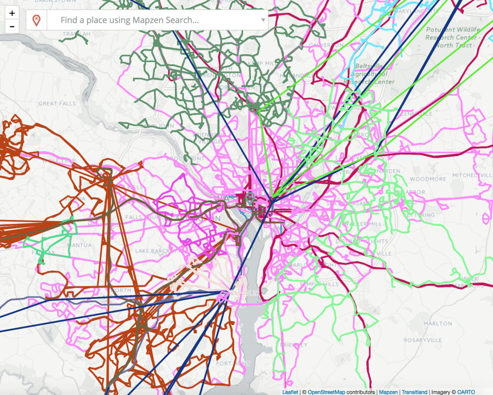 A map of all transit routes in the DC metropolitan area, generated by Mobility Explorer