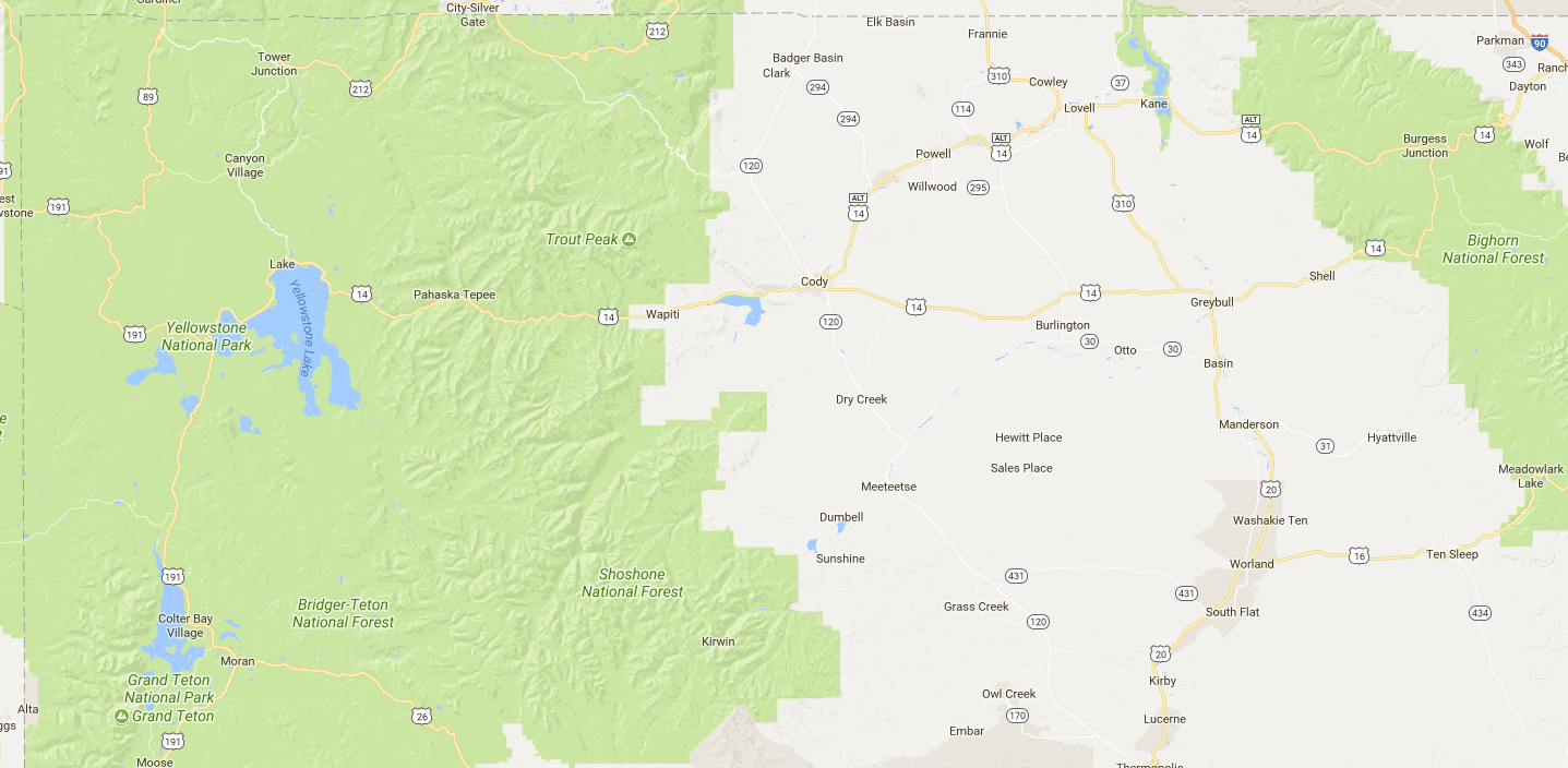 Google Maps's depiction of Northwest Wyoming, with National Parks and Forests in green but BLM land not shown