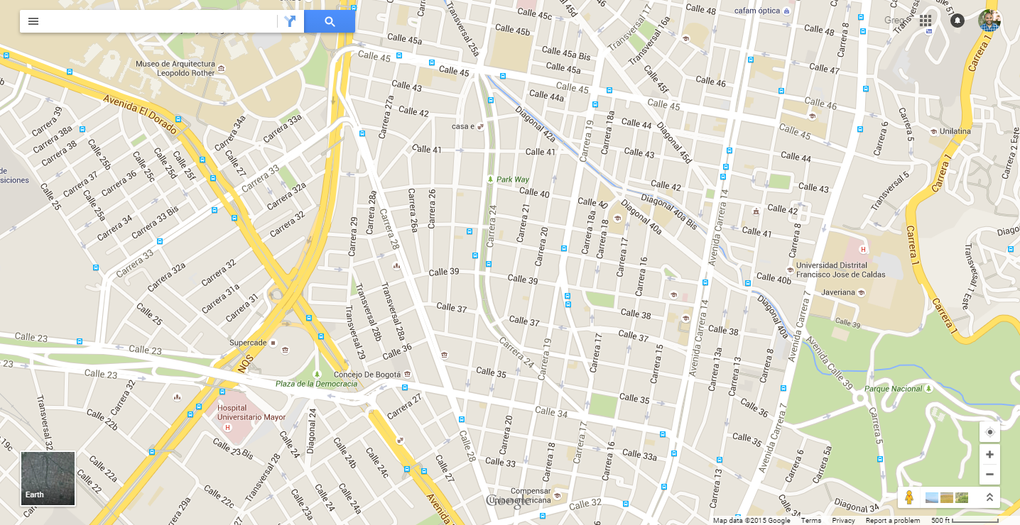 Screenshot of Google Maps for Bogotá, Colombia, including small icons for bus stops (but no differentiation between the types of service)