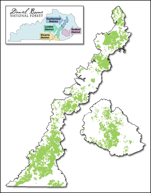 Map of Daniel Boone National Forest's federal land vs. private inholdings