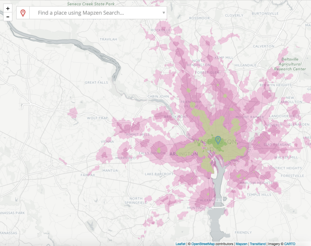 An isochrone map showing how far you can get from downtown DC by transit in a given amount of time, generated by Mobility Explorer